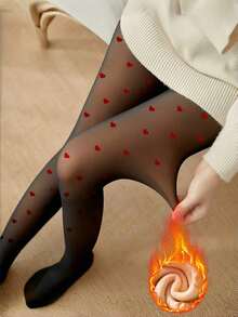 1pc 80g/220g/300g Women's Black Sexy Sheer Red Heart Tights, Spring/Autumn/Winter Fleece Pantyhose For Business & Sexy Look,Thermal Lined Tights,Warm Bottoming Pants,Chic Autumn,Look Glamour,BridalLingerie(Suitable For 5-15°C) - Black - View 7