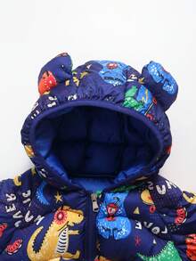 秋冬新款夹棉外套，藏青色卡通恐龙图案，男童连帽保暖防风外套，男童卡通保暖派克大衣 - 寶藍色 - 查看 6