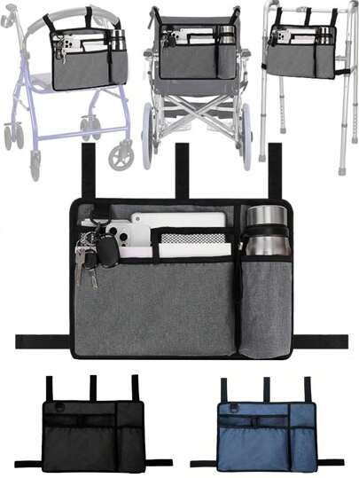 حقيبة تخزين لمرتاد المشي المساعدة للمسنين، حقيبة تخزين جانبية للسلامة العليا للكرسي المتحرك الكهربائي/اليدوي، حقيبة متعددة الوظائف ذات سعة كبيرة من قماش الأوكسفورد متعددة الجيوب لكرسي المشي المتحرك ، حقيبة تعليق قابلة للطي لكرسي المتحرك