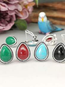 1 Pair Vintage Silver-Tone Inlaid Natural Quartz Teardrop Dangle Earrings
