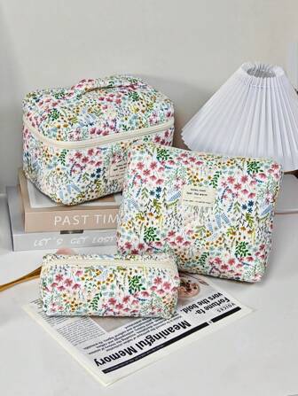 Retro Floral Print Zipper Single-Layer Makeup Bag, Women Travel Toiletry Bag, Large Capacity Multi-Functional Washbag, Soft Cosmetic Bag Essentials For Students