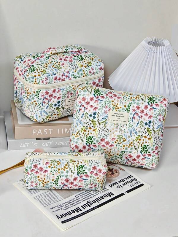 Bolsa de Maquiagem de Camada Única com Zíper e Estampa Floral Retrô, Bolsa de Toucador de Viagem Feminina, Bolsa de Lavagem de Grande Capacidade e Multifuncional, Bolsa de Cosméticos Essenciais Macias para Estudantes