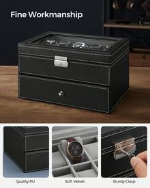 20-Slot Watch Box, Watch Case With Glass Lid, 2 Layers, Lockable Watch Display Case, Black Synthetic Leather - 黑色+灰色 - 查看 5