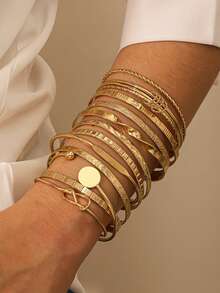 Set de 12/7 piezas de pulseras apilables de mujer con estilo bohemio fashionable, pulsera brazaletes abiertos con formas geométricas y de corazón, joyería elegante para usar todo el año que elevará tu look, adecuada para uso diario o fiesta, gran regalo para chicas - Dorado - Ver 7