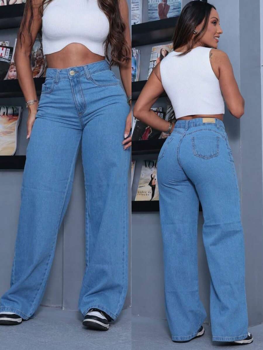 Women's Wide Leg Jeans, High Waist, High Waist, Enhances Butt Size 36 To 46 - Light Blue - View 1
