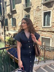 HZXVIC Women's Elegant Turndown Collar Short Sleeve Button Decor Fitted Long Dress, Autumn