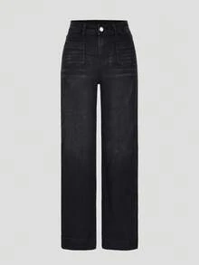 【显瘦复古风】女士高腰直筒牛仔裤 | 显瘦复古风 | 弹力混纺面料 | 休闲复古蓝 | 经典纽扣设计 | 日常时尚 - 黑色 - 查看 6