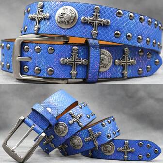 Man Rivet Belt Cross Skull Fashion Studded Belts High Quality Female Leather Rock Women Strap For S Fall, Autumn, Halloween Autumn-Winter Accessories,Suitable For Teens, Youth,Men,Casual, Outdoor, Athletic, Vacation, Graduation Gifts, Birthday, Daily Wear