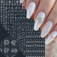 12 张闪光银色欧式花叶蕾丝藤蔓浮雕 3D 美甲贴纸，自粘浮雕设计花叶蕾丝藤蔓美甲贴纸贴花，不对称几何形状美甲装饰，适合女士和女孩 - 銀色 - 查看 9