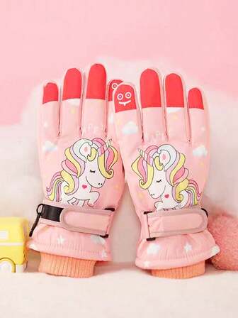 1双儿童独角兽滑雪手套，冬季防风保暖加厚卡通手套，适合男孩和女孩