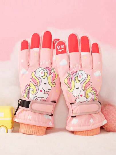1双儿童独角兽滑雪手套，冬季防风保暖加厚卡通手套，适合男孩和女孩