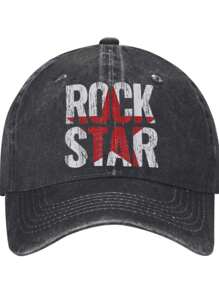 Vintage Distressed Cotton Cowboy Hat With ROCK STAR & Grunge Text Graphic, For Music Enthusiasts, Cotton Denim Hats, Baseball Caps, Trucker Caps. The Arched Brim Design Is Adjustable.