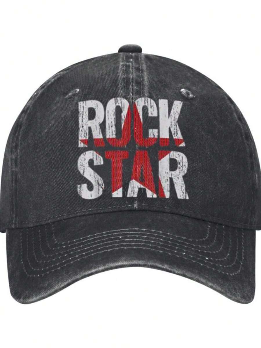 Vintage Distressed Cotton Cowboy Hat With ROCK STAR & Grunge Text Graphic, For Music Enthusiasts, Cotton Denim Hats, Baseball Caps, Trucker Caps. The Arched Brim Design Is Adjustable.