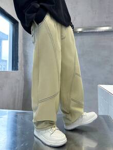 Pantaloni di cotone a gamba dritta per ragazzi con ricamo sulla tasca posteriore, adatti per uso quotidiano, scuola, all'aperto, casual, autunnali