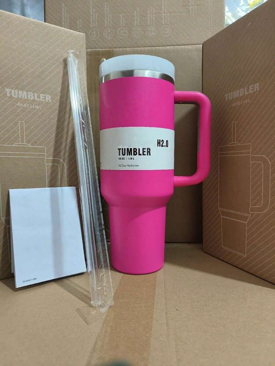 STANLEYSINCE 1913 40 Oz Stainless Steel Tumbler Double Wall Vacuum Insulated Portable Drinking Cup Travel Lced Coffee Mug Summer Drinkware With Handle And Straw, Perfect For Travel, Home, Office, Gift, Lce Drinks And Hot Drinks - 玫紅色 - 查看 1