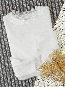 Women Pullover Sweater Round Neck Lace Patchwork Fluffy Solid Color Elegant Casual Layering Long Sleeve, Spring/Autumn,Long Sleeve Tops White - White - View 1