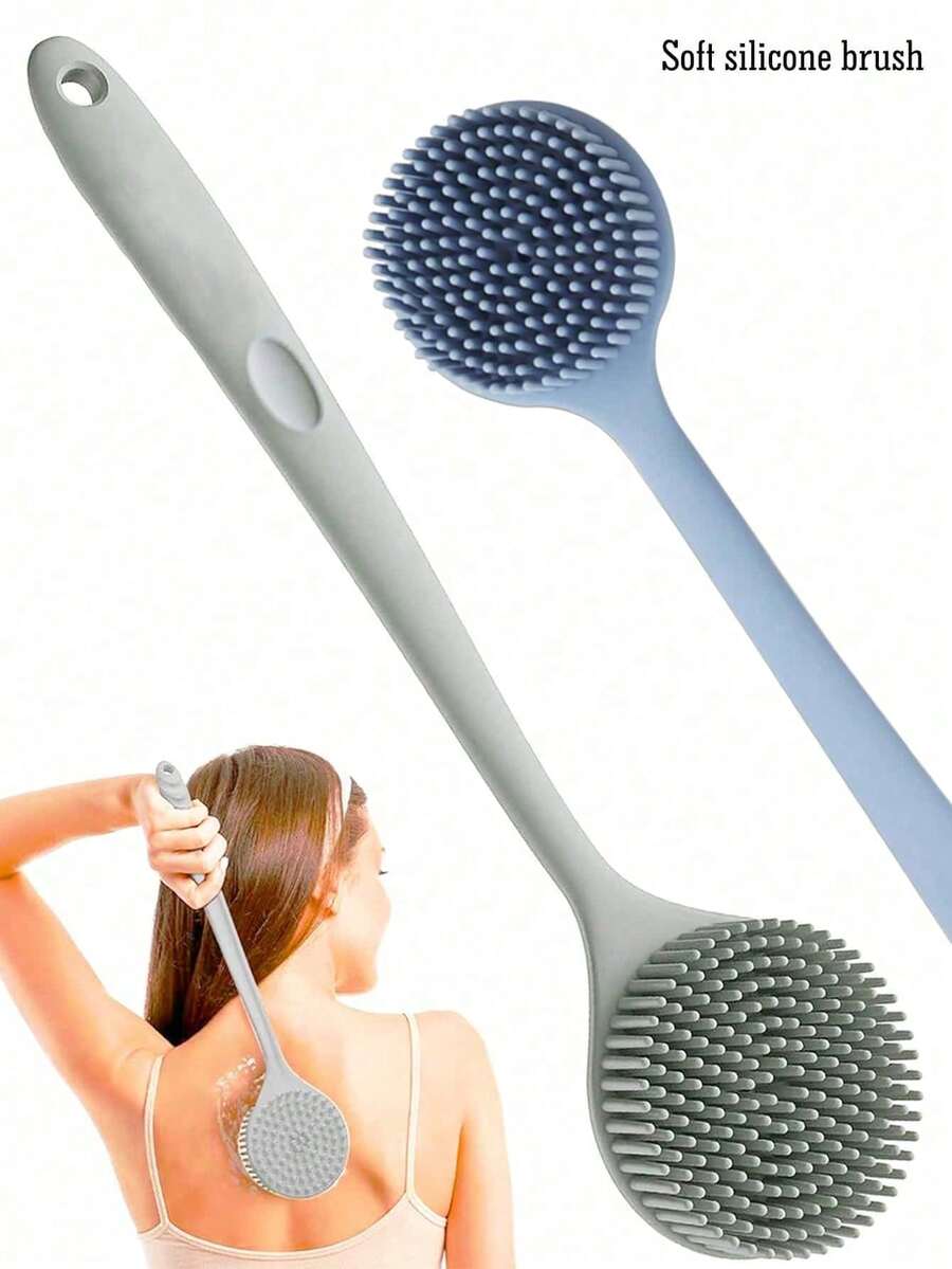 长柄硅胶背刷，蓝色/灰色/粉色，适用于按摩、沐浴、身体磨砂 - 彩色 - 查看 1