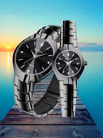 BIDEN 2 Pieces/Set Of Fashionable Couple Watches With Quartz Movement, Bar Scale, Circular Dial Suitable As Holiday Gift+Box
