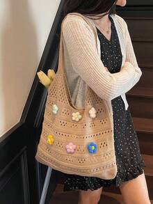 镂空花朵针织托特包，休闲度假风大容量编织女单肩包，通勤沙滩时尚购物手提包 - 卡其色 - 查看 3