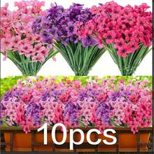10 Bundles UV Resistant Outdoor Artificial Flowers, No Fade Fake Violet Flowers For Indoor Outside Hanging Plants Garden Patio Porch Window Box Home Wedding Farmhouse Decor(No Flower Basket)