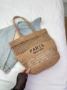 New Embroidery Letter Hollow Straw Handbag, Women Large Capacity Handmade Woven Shoulder Bag, Water Bucket Basket Tote Bag - Khaki - View 8
