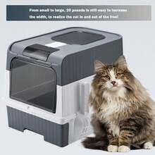 Extra Large Cat Toilet Box With Hood - Enclosed Litter Pan For Big Cats, Includes Scoop & Easy-Clean Design - Grey - View 2