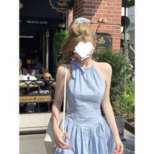 A Sweet And Spicy Blue Halter-Neck Summer Dress In French Style. Perfect For A Summer Beach Vacation, And Also Flattering For Petite Women. Features A Slimming Waist, A Short Skirt With A Ribbon Detail, A Zipper, And A Patchwork A-Line Design. - Blue - View 4