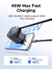 UGREEN 45 W 3-portowa GaN 2*USB-C 1*USB-A Szybka ładowarka SFC 2.0 Superszybkie ładowanie 2.0 45 W z chowanym kablem do SAM SUNG S24 Ultra S24+ S25+ S25 Ultra Kompatybilna z 'em 16 15 Pro Max Nadaje się do ładowania wielu osób, ładowania wielu urządzeń, potrzeb ładowania w domu i biur Ładowarka do telefonu wieloportowa Nan o dużej mocy wyjściowej