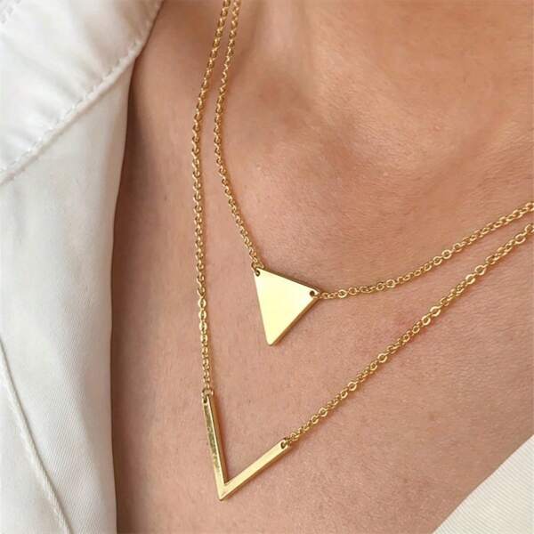 1pc Vintage Geometric Triangle V-Shape Pendant Double-Layer Necklace, Delicate Choker Necklace For Women, Suitable For All Seasons
