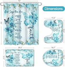 4 Pcs Yellow Inspirational Quotes Shower Curtain Set With Rugs And Toilet Lid Cover, Colorful Boho Waterproof Fabric Bathroom Set, Bible Verse Floral Bathroom Decor Set Accessories - 深青色 - 查看 3