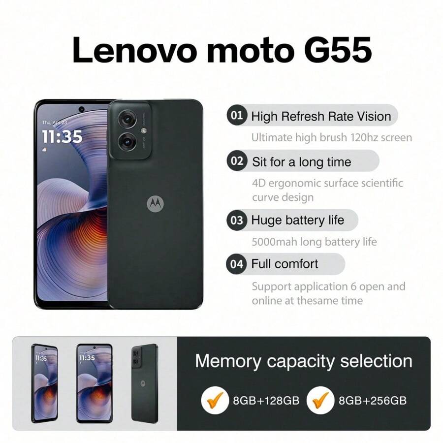 Lenovo 摩托罗拉 联想G55 抗疲劳 大屏 越级音质 图像稳定 应用 六开 8G 256G/8G 128G