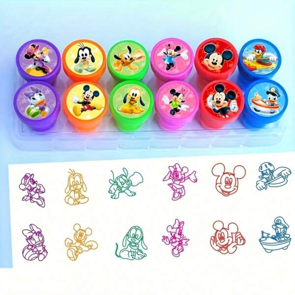 Disney Set de 12 sellos de Disney, Mickey Mouse, Donald Duck, Goofy - Juego de sellos de plástico lavable como regalo de fiesta, recompensa para maestros en el aula, calcetines de festival (algunos pueden ser aleatorios), de vuelta a la escuela