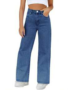 Haloumoning Girls' Stretch Denim Jeans - Casual Straight Leg, Elastic Waistband, Light Blue, Long Pants With Pockets, Machine Washable - Perfect For All Seasons, Comfortable Playwear|Classic Blue Jeans|Cotton Polyester Blend - Màu xanh lam - Xem 4