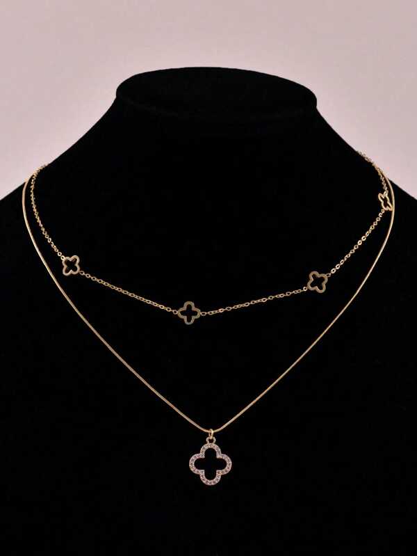 1pc Fashion Titanium Steel Circle Snake Bone Chain Hollow Shell Four-Leaf Flower Lucky Necklace, Gifts For Women