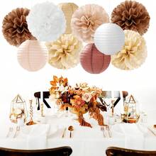 1 Set=15pcs Holiday Party Decorations Paper Flower Balls, Tissue Paper Pom Poms, Paper Lanterns, Ceiling/Yard Hanging Decors, Boho Style Earthy Tones, Suitable For Autumn Harvest, Halloween Purple, Birthday, Anniversary, Wedding (Excluding Lights) - Multicolor - View 3