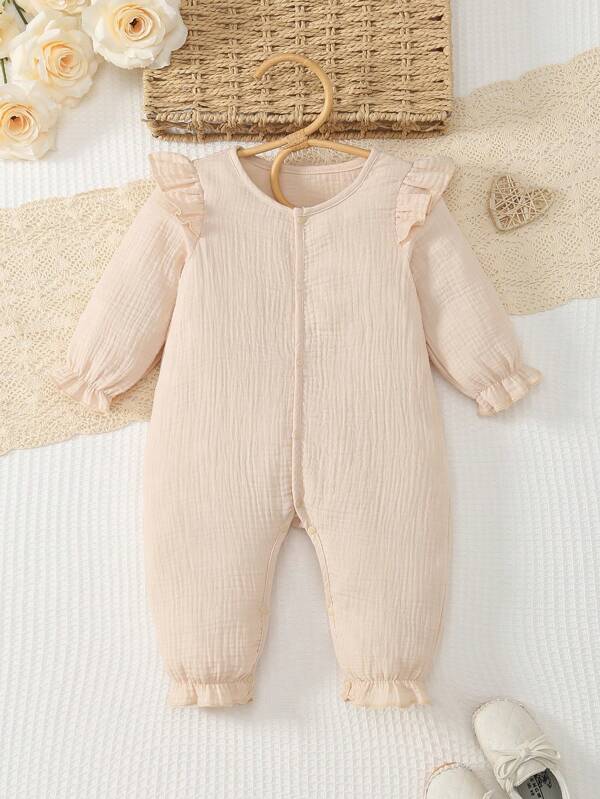 MommBaby Pelele de algodón de un solo color para bebé, mono con mangas largas y botones delanteros con volantes, pantalones con entrepierna abierta para gatear para niñas bebés, para primavera y otoño