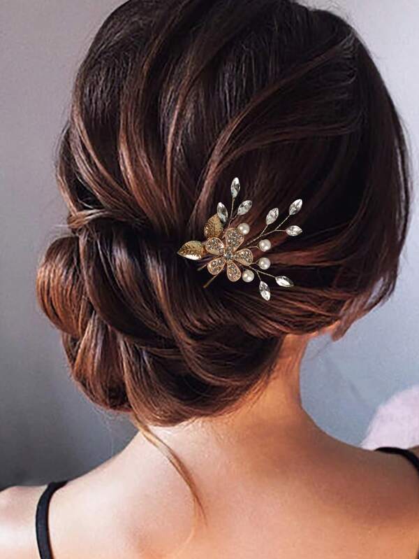 1 peça de grampo de cabelo em forma de U com decoração de cristal e flor dourada, acessório de cabelo para casamento e noivas, acessórios de cabelo, grampos de cabelo, extensão de coque, modelador de coque, aplique de coque, grampos de cabelo
