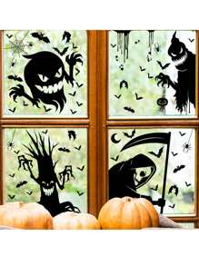 65pcs/Set Halloween Stickers With Witch, Pumpkin, Ghost, Grim Reaper Scythe Elements, Zombie Party Haunted House Decor Window Stickers, Black Decorative Stickers For Wall, Desk, Door, Fireplace, Halloween Decoration
