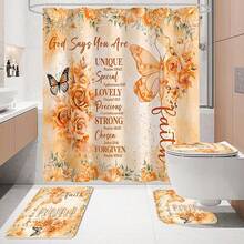 4 Pcs Yellow Inspirational Quotes Shower Curtain Set With Rugs And Toilet Lid Cover, Colorful Boho Waterproof Fabric Bathroom Set, Bible Verse Floral Bathroom Decor Set Accessories - 橘色 - 查看 2