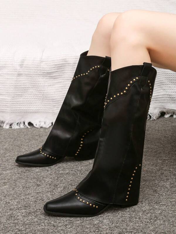 Stivali alti da donna con tacco largo e punta quadrata, neri, stivali alti con rivetti in stile retrò, stivali in stile francese, stivali western versatili, adatti per donne di bassa statura, stivali al ginocchio