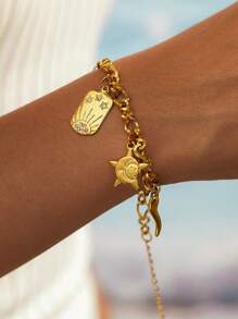 1 pieza de pulsera con dije de cruz y pentagrama de moda personalizado de varios elementos, pulsera con dije cuadrado pequeño de pimienta dorada, joyería para mujeres