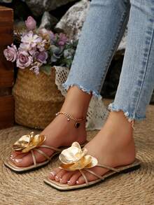 女士法式平底金色花朵系带凉鞋，夏季户外穿着新款时尚凉鞋，适合约会、购物、派对 - 金色 - 查看 3