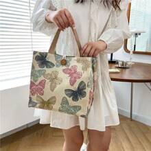 1 件卡通印花帆布午餐袋，日式便当袋，上班手提包，不接触食物，纽扣颜色随机