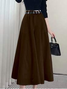 Solid Color High Waist Skirt With Pockets On Both Sides And Wide Hem - Maroon - View 2