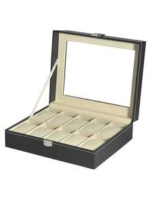 Organizador de relojes diez compartimentos tapa transparente visión amplia exhibidor de relojes premium almacenamiento elegante protección reloj fácil acceso diseño moderno - Negro - Ver 3