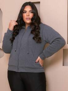 PLUS SIZE WOMEN'S BLOUSE WITH ZIPPER, POCKETS AND FUR - Dark Grey - View 5