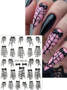 2 件浮雕黑色蜘蛛网蝴蝶结万圣节美甲贴纸可爱哥特式华丽蜘蛛网丝带指甲滑块美甲用品装饰 - 彩色 - 查看 3
