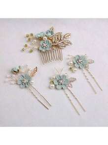 4-delige set elegante en charmante bruidshaaraccessoires, hoofddekselset voor bruiden (de plaatsing van de handgemaakte bloemen kan enigszins variëren) Haarkammen, kammen voor haar, zijkam