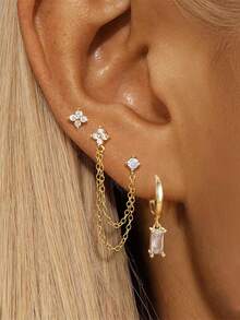 3 Pcs Exquisite Stainless Steel Hoop Earring Stud Sets For Woman Flower Cartilage Piercing Earrings Fashion Jewelry, Hypoallergenic 14K Gold Plated Dangle Earrings Dainty Small Long Chain Earring - Gold - View 2