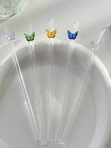 1 根/5 根耐热玻璃吸管，带彩色蝴蝶装饰，适用于冰沙、牛奶、茶、果汁、小吃店、派对饮料、鸡尾酒、奶昔冰沙、餐厅、露营/旅行/夏季/度假/厨房、学校用品、返校、母亲节礼物。 - 彩色 - 查看 3